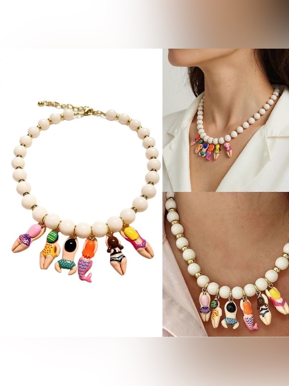 Handmade Cream Bead Necklace with Colorful Mermaid Charms